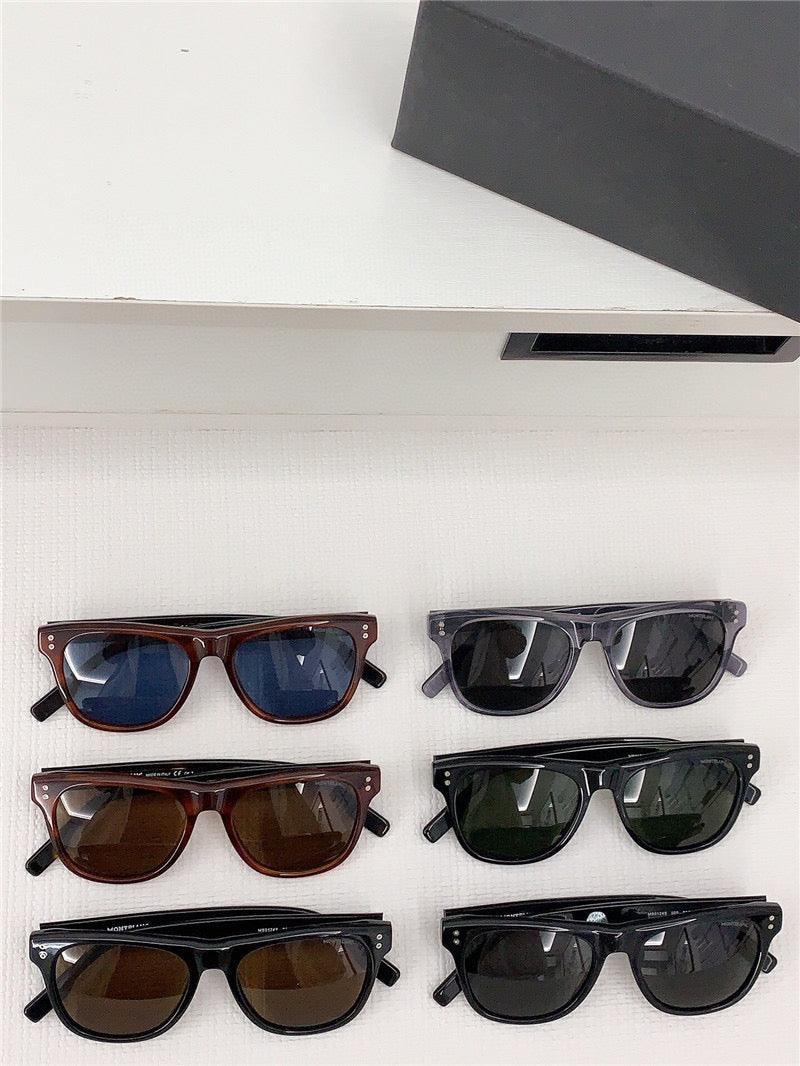 Assorted fashionable sunglasses with square frames and tinted lenses displayed on a white surface.