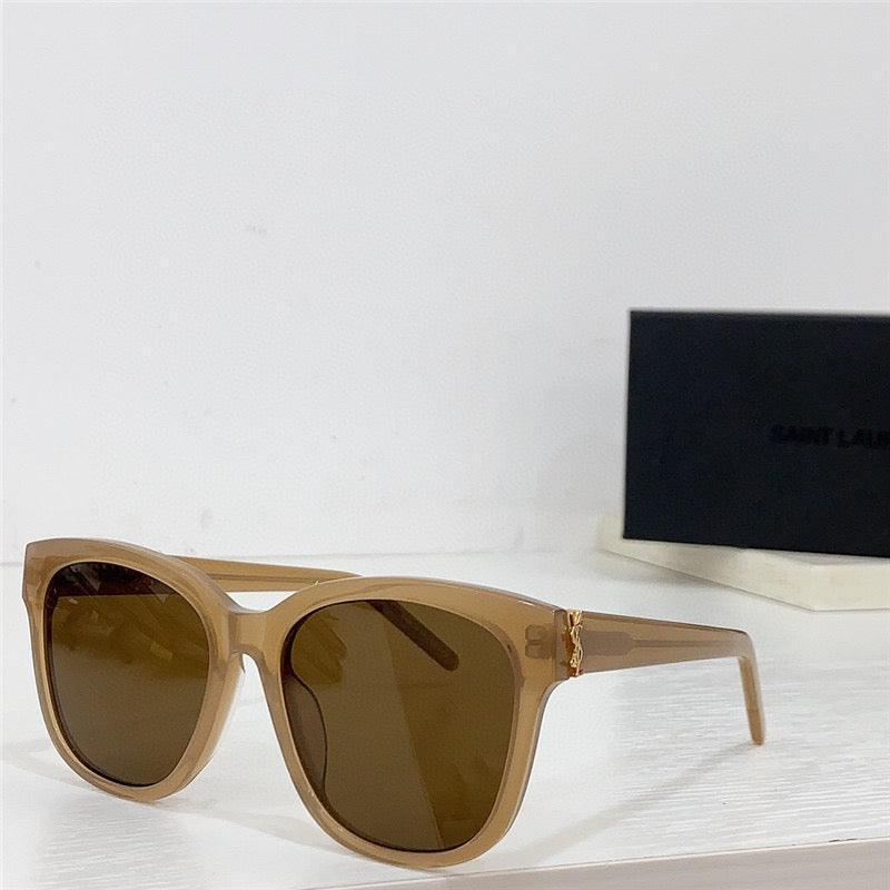Brown square sunglasses with polarized lenses and gold detail, displayed on white surface