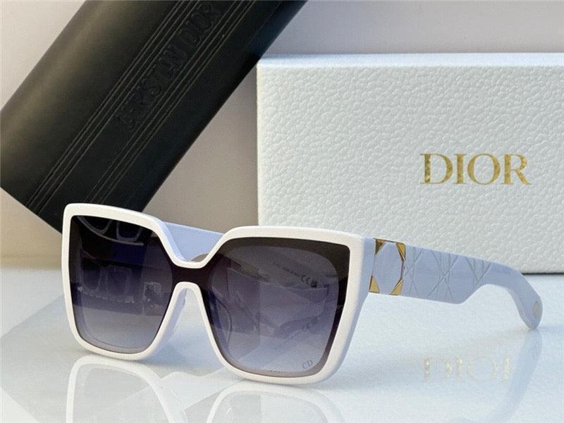 White oversized square sunglasses with gray gradient lenses displayed by a Dior box