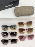 Assorted large square-frame sunglasses with gradient lenses and gold accents, luxury style
