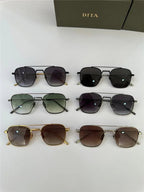 Six pairs of square aviator sunglasses with metal frames and tinted lenses on a white surface