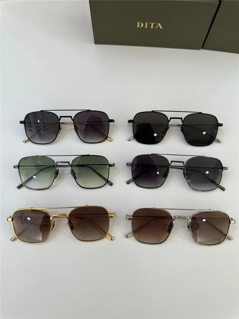 Six pairs of square aviator sunglasses with metal frames and tinted lenses on a white surface