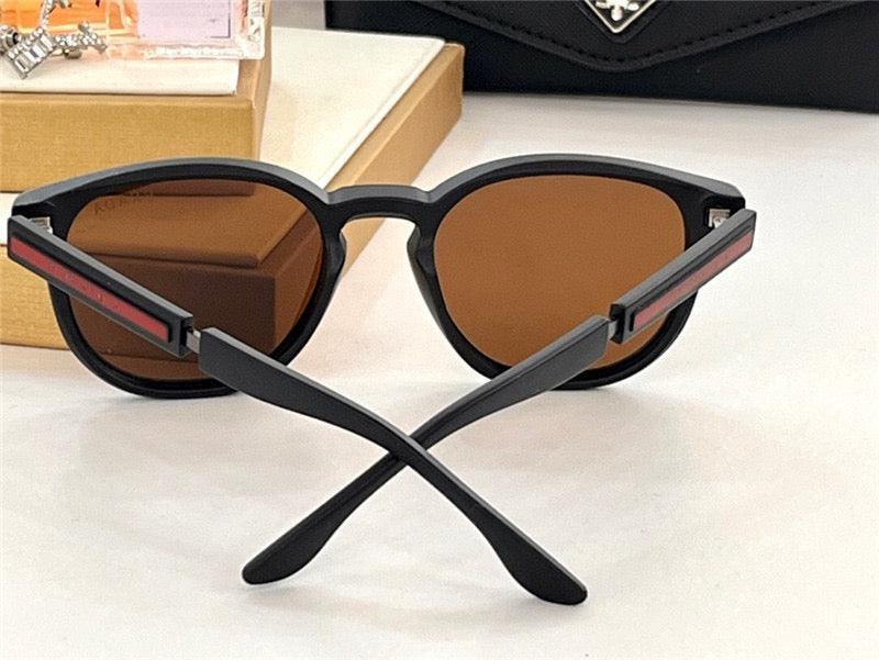Black frame sunglasses with brown polarized lenses and red-accented arms on white surface