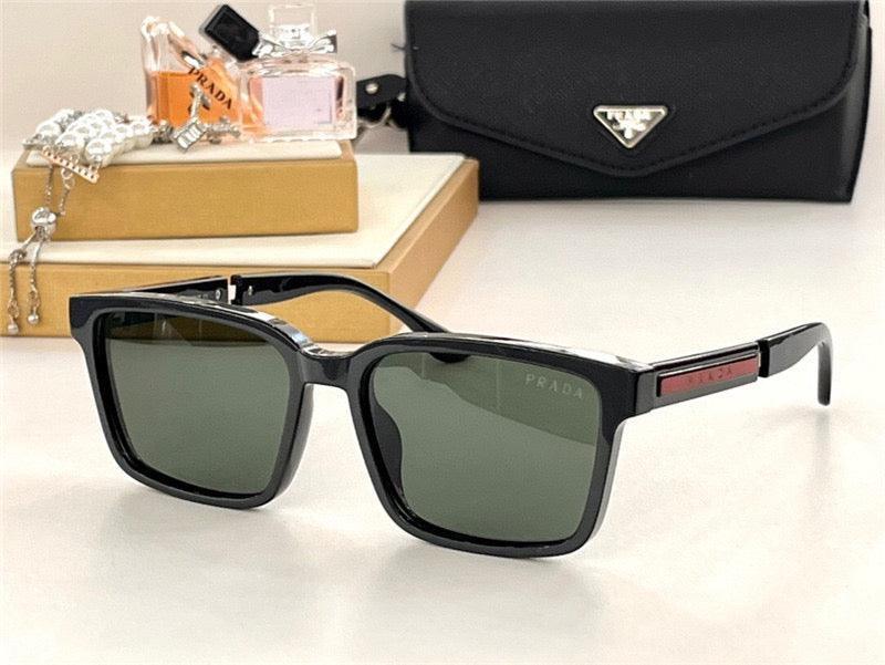 Black square sunglasses with green polarized lenses, luxury accessories and case in background