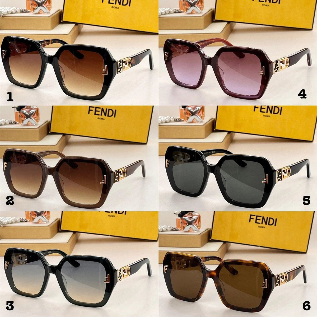 Six pairs of oversized square sunglasses with gradient and solid lenses, gold logo accents, and black, brown, and burgundy frames, displayed in front of yellow branded boxes.