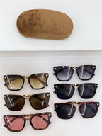 Assorted designer sunglasses with square frames and case, featuring tinted polarized lenses.
