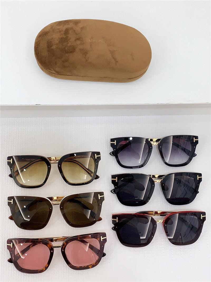 Assorted designer sunglasses with square frames and case, featuring tinted polarized lenses.