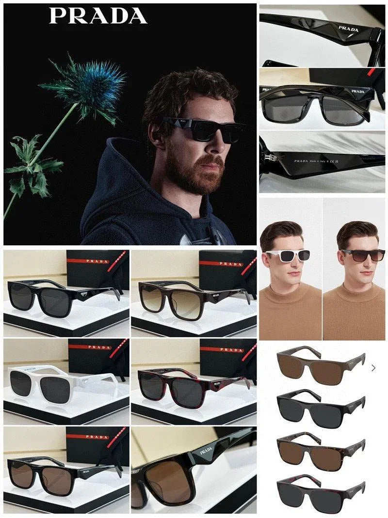 Collage of Prada men’s sunglasses in various frame colors and styles, polarized lenses, UV protection.