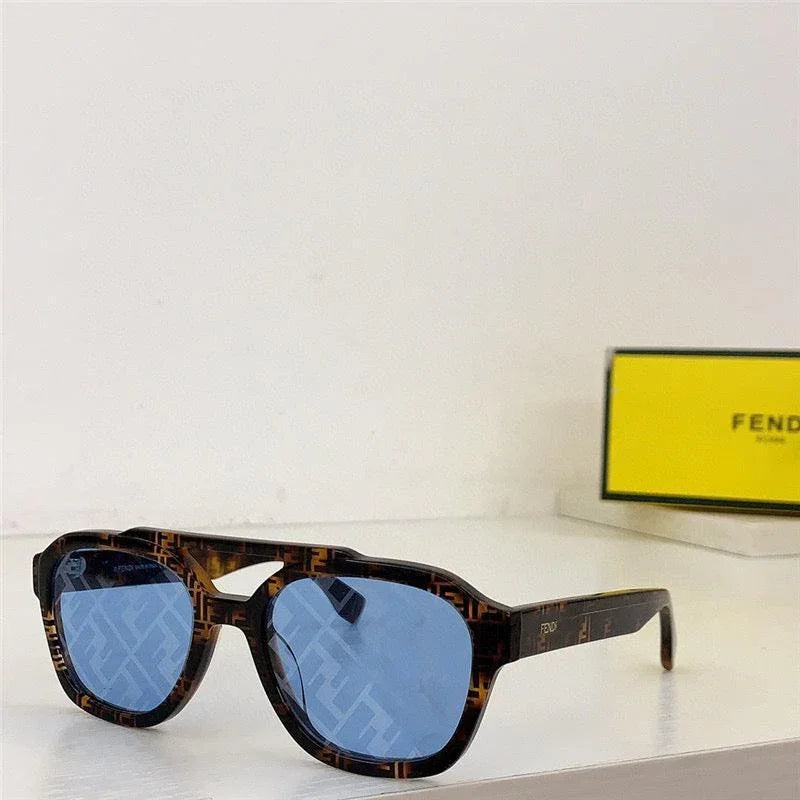 Stylish tortoiseshell sunglasses with blue polarized lenses on white surface, yellow case in background