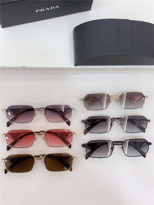 Six pairs of rectangular Prada sunglasses with gradient lenses in various colors, shown with cases.