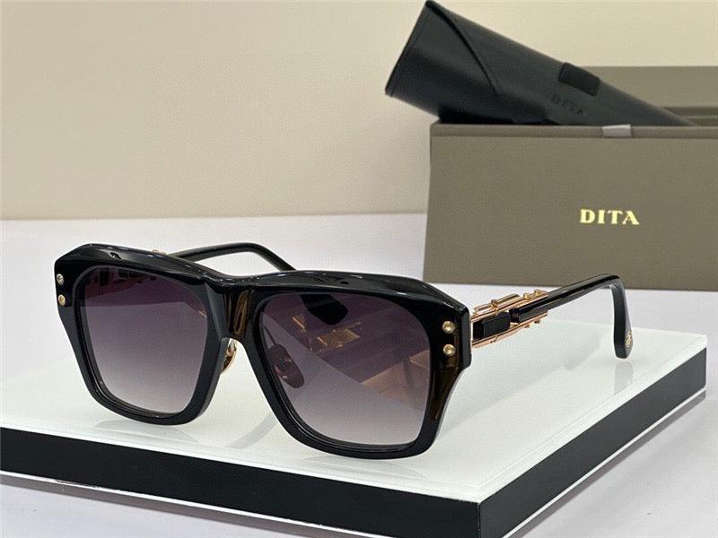 Black square sunglasses with gold accents, gradient lenses, and a stylish designer case.