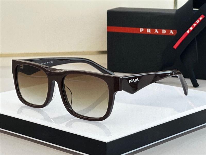 Rectangular brown designer sunglasses with gradient lenses and branded case in background.