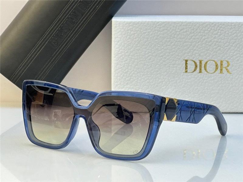 Square oversized blue gradient sunglasses with patterned arms and luxury Dior packaging